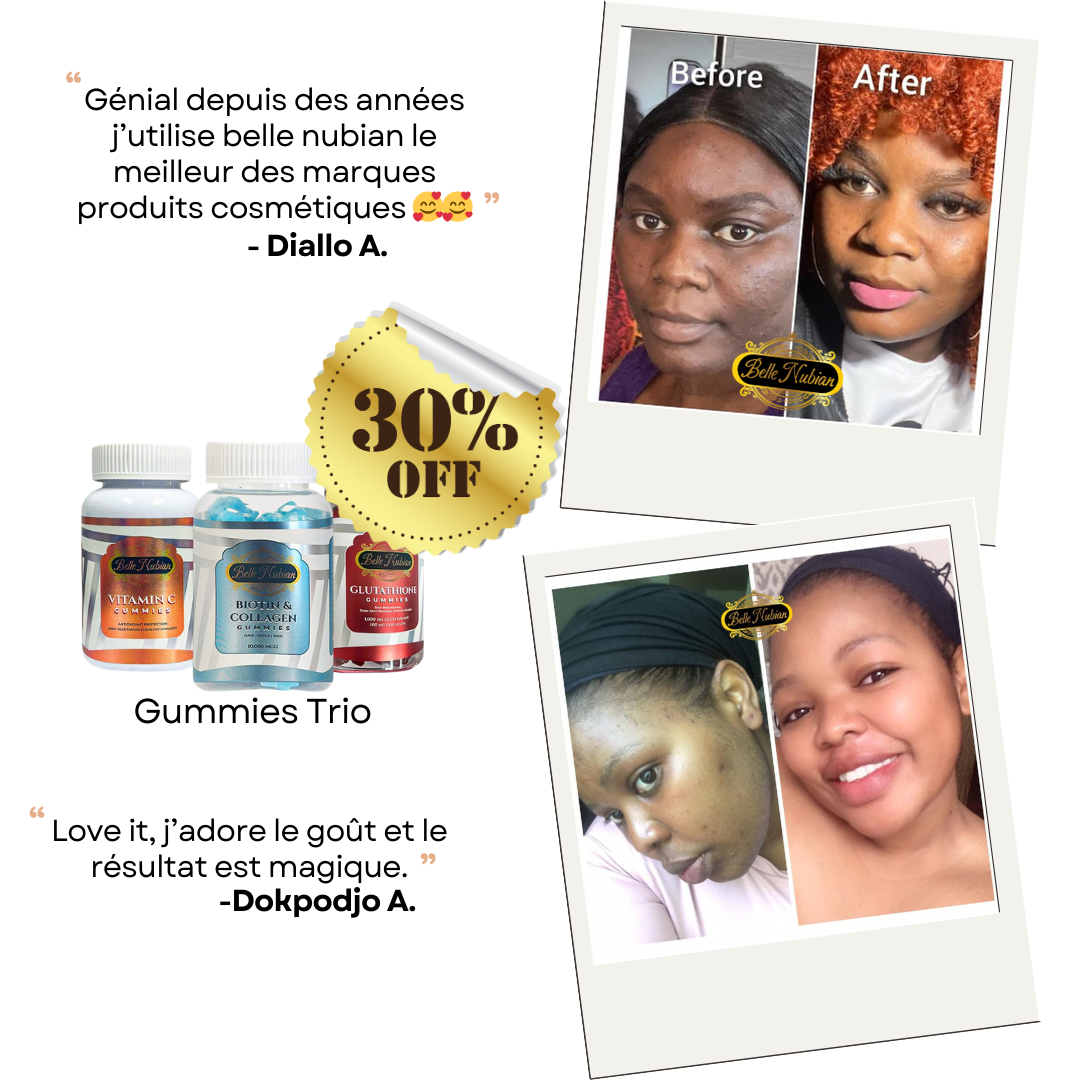 Gummies Trio (Biotin & Collagen, Gluta, Vitamin C) Belle Nubian Skincare Gummies Trio (Biotin & Collagen, Gluta, Vitamin C) Belle Nubian Skincare